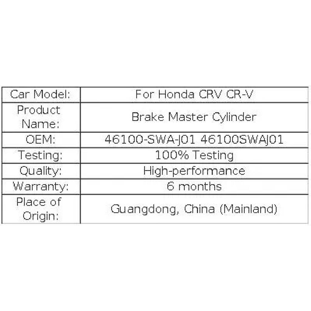 JH Brake Master Cylinder For Honda CRV CR-V 2007-2012 2.4L 46100-SWA-J01 46100SWAJ01