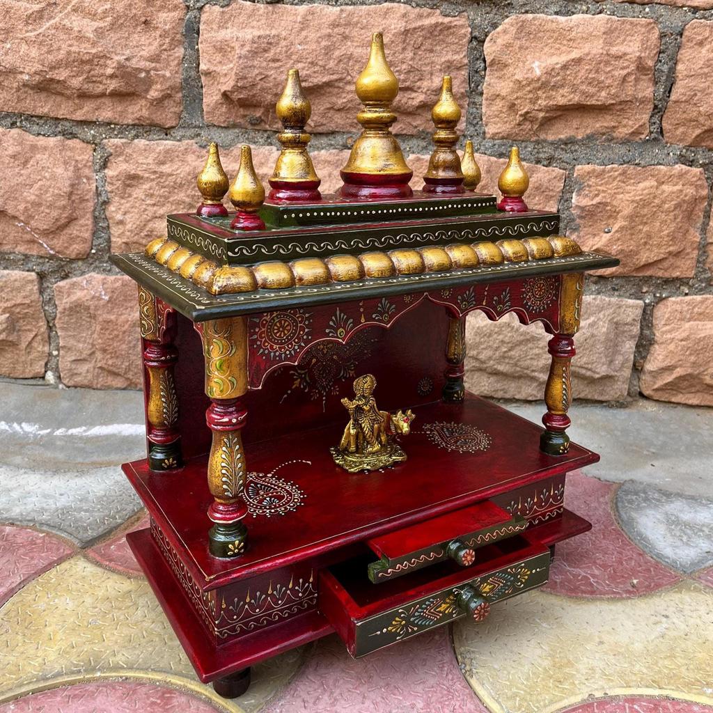 Wooden Temple | Painted Pooja Mandir Wall Desk Storage, Indian Hindu Mandir Religion | Pooja Temple For Home Office , Wall Hanging Art Gift