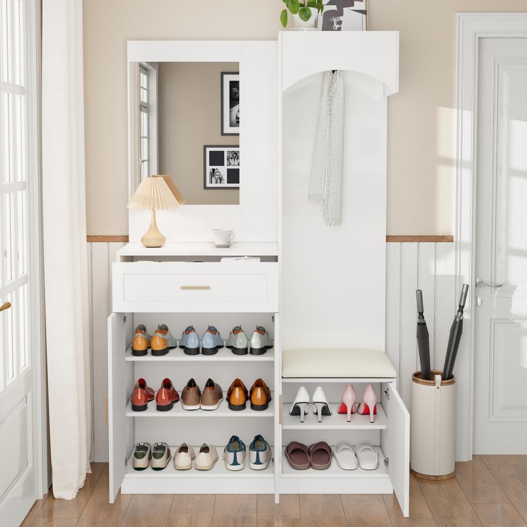 Modern, Compact Wardrobe, Wardrobe Cabinet and Shoe Cabinet Combination, Entrance Cabinet, Multifunctional Storage Shelf with Mirror