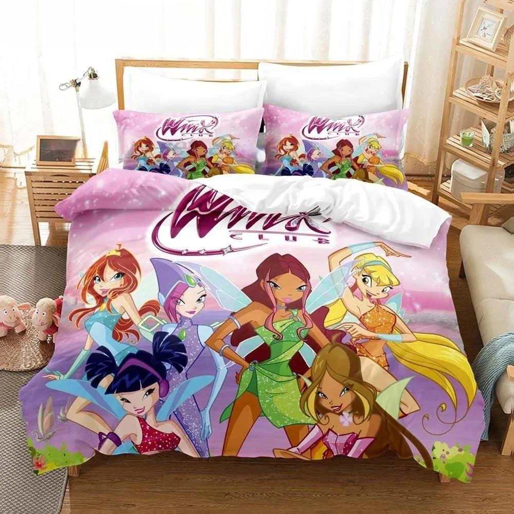 Anime W-Winx Club Bettbezug Kissenbezug Kindergeschenk Bettwäsche-Set für Erwachsene Jungen Mädchen Schlafzimmerdekoration Einzel Doppel Groß
