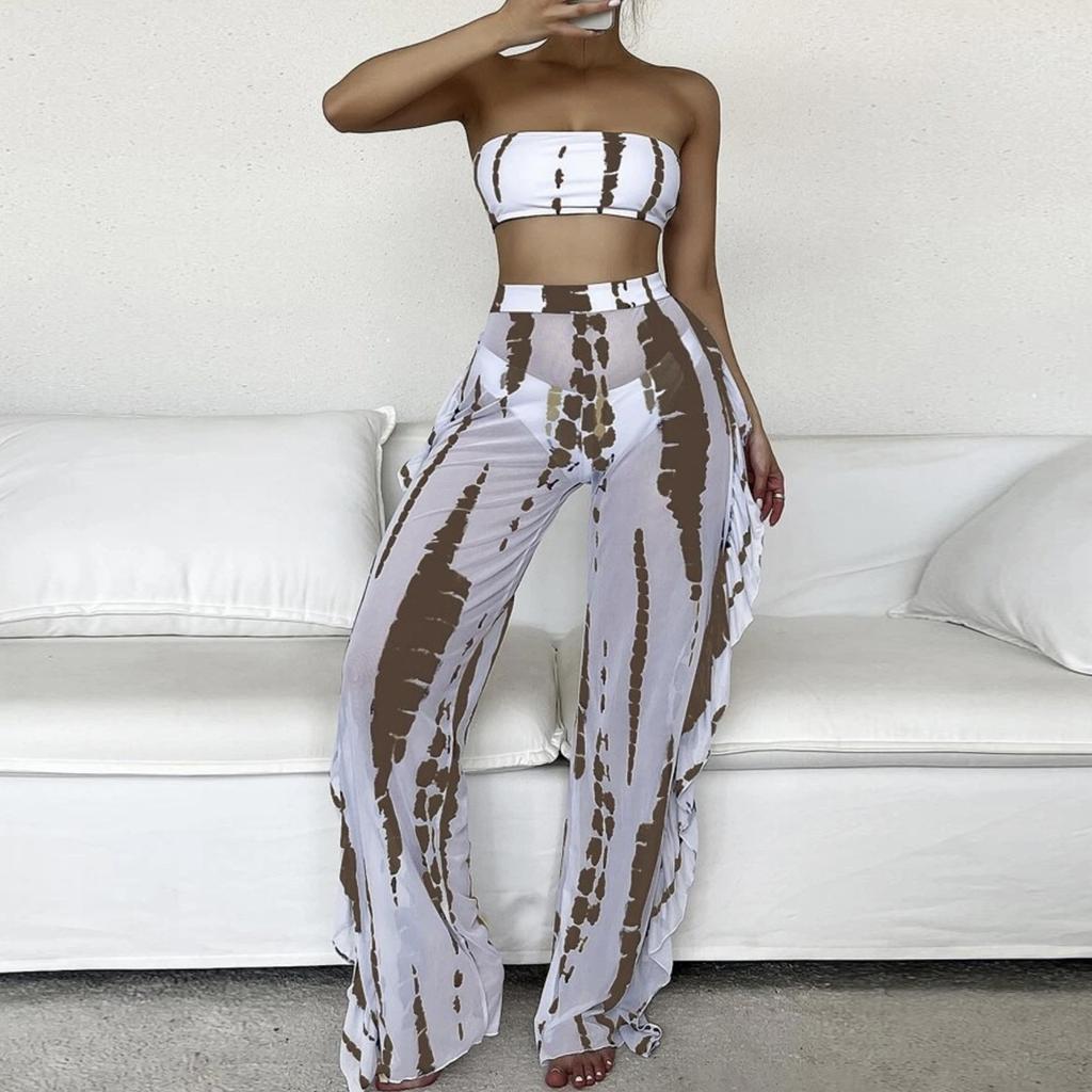 Fashion Women's Tube Top Mesh Pants Printed High Waist Split Sexy Swimsuit Bikini