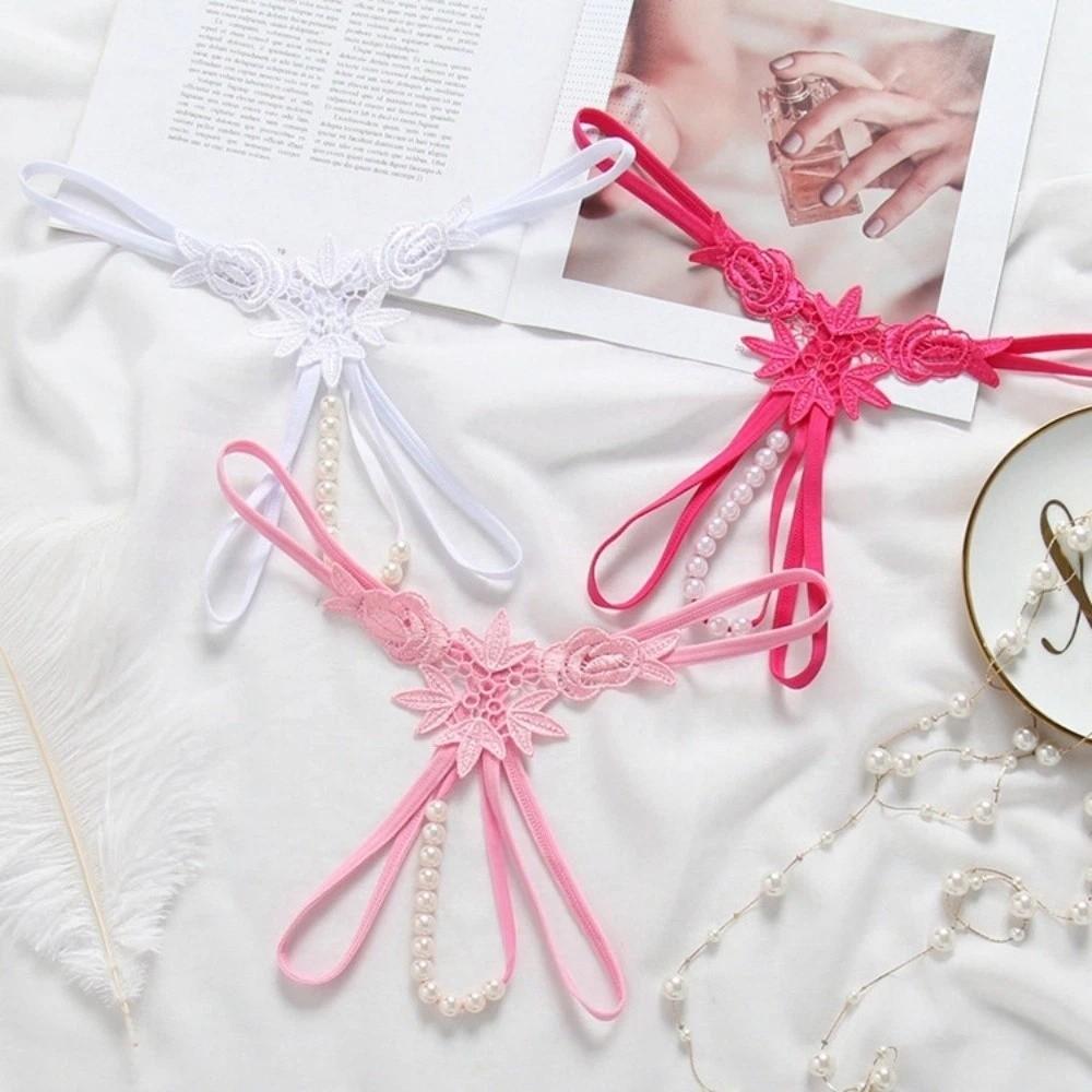 Hollow Open Crotch Lace Pearl Panties Low Waist Thin Belt Thong Valentine's Day Gift
