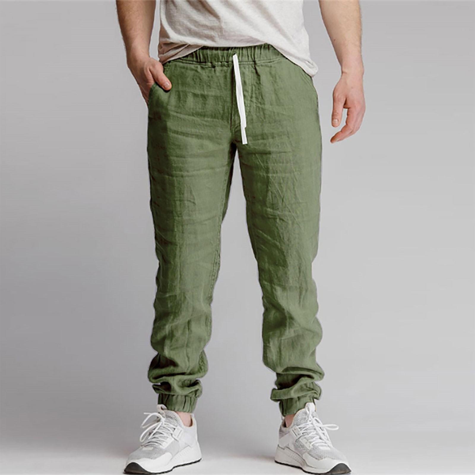 

Новые мужские однотонные спортивные повседневные дышащие брюки из хлопка и льна со шнурком XXXL зелёный