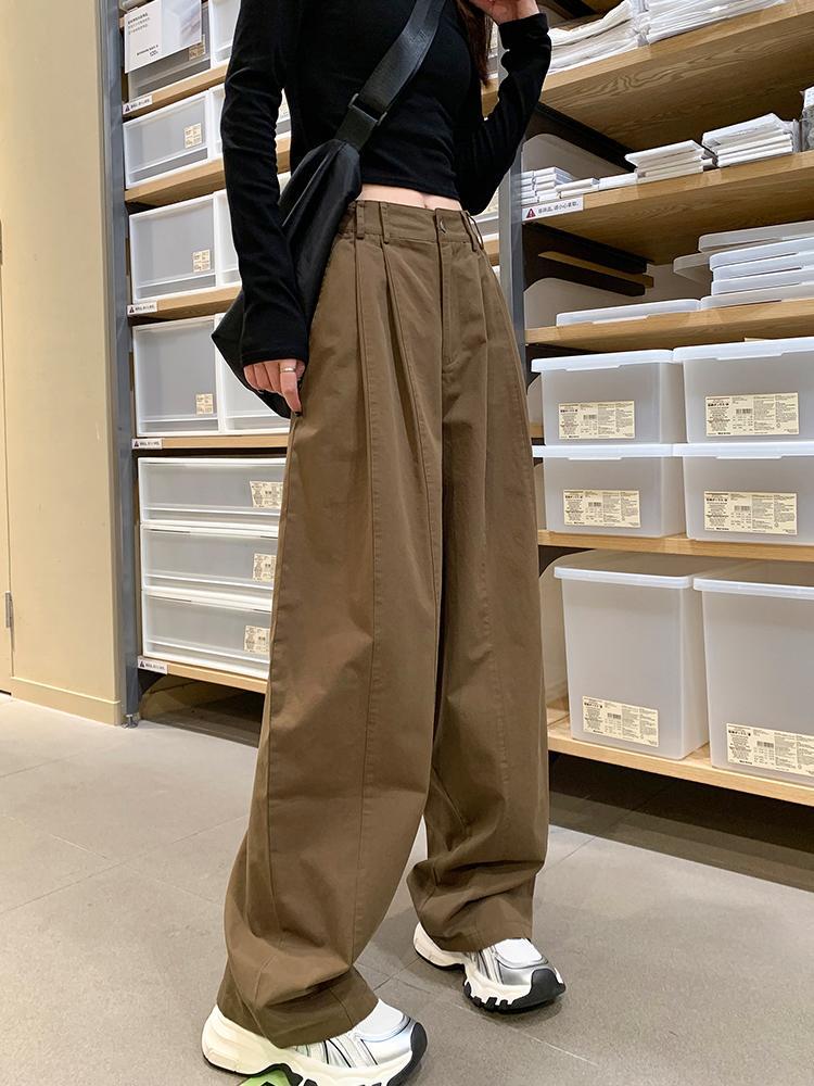 Khaki Retro High-Waist Wide-Leg Women's Work Pants, Extra Long Version for Tall, Spring/Autumn 2025.