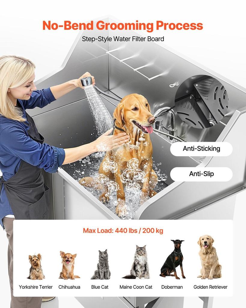 127 cm Dog Grooming Bath Tub Stainless Steel w Ramp Faucet Left Door