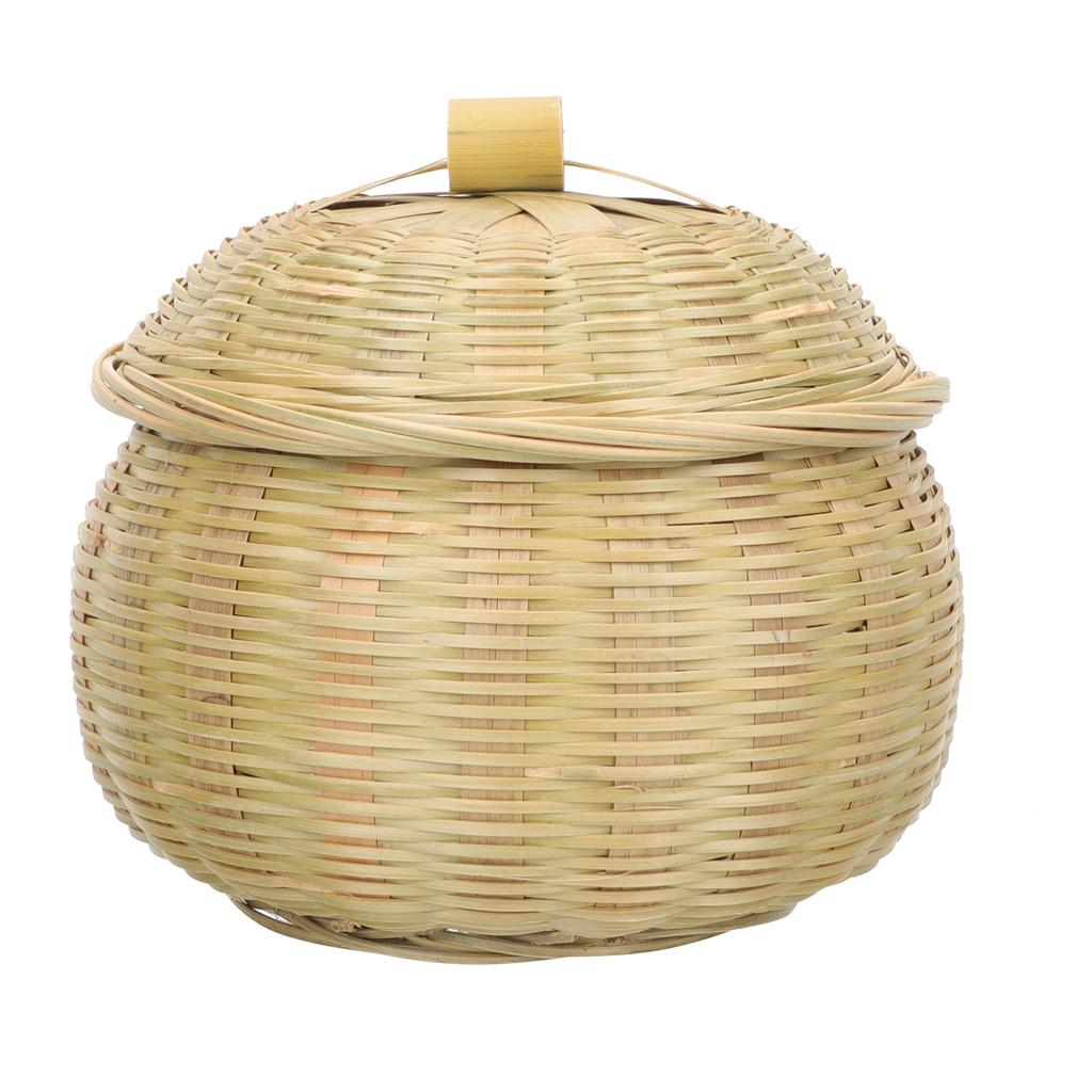 Wicker Bamboo Storage Basket Rubbish Bin with Lid for Food Round Baskets Weaving Kitchen