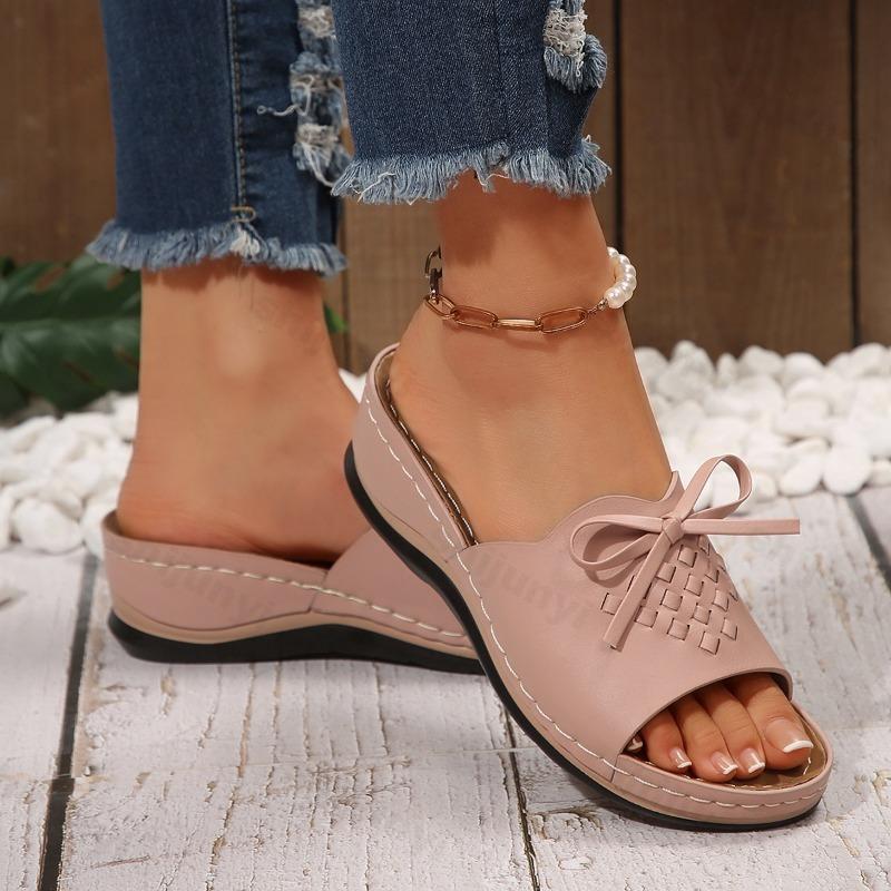Fashion 2025 New Summer Women Slope Heel Fish Mouth Slippers Fashion Casual Large Coarse Heel Bow Design Comfortable Lightweight Sandals