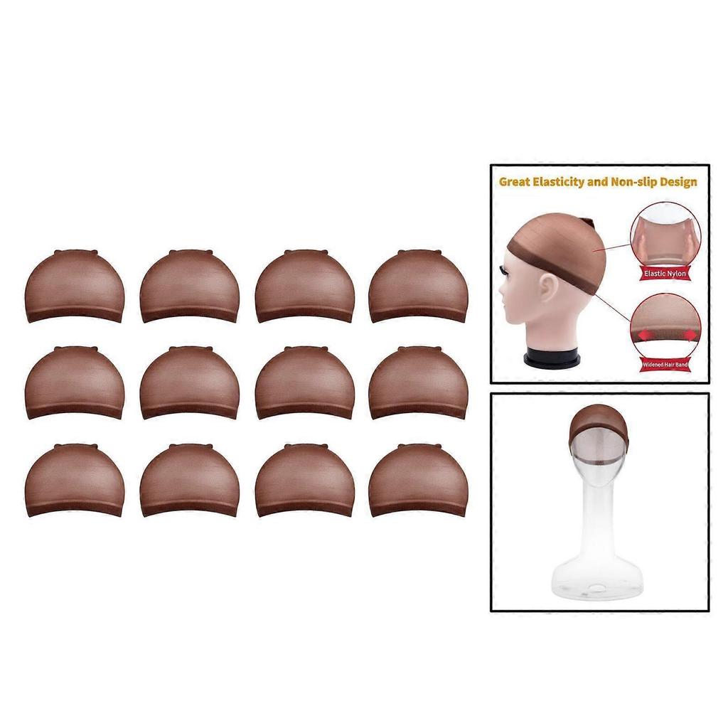 12 Pcs Coffee Color Nylon Wig Hair Cap Stocking Liner Stretch for Men Women
