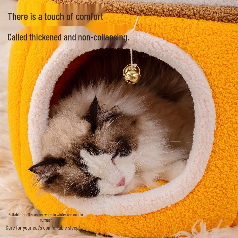 2025 New Plush Half-Closed Warm Winter Cat Nest with Bell