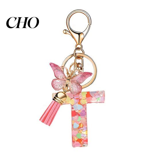 Pocket Keychain Pink Series Pendant, Sequins Heart Initial Letter Charm Key Chain with Backpack Butterfly Tassel Design, A-Z Holder for Bag