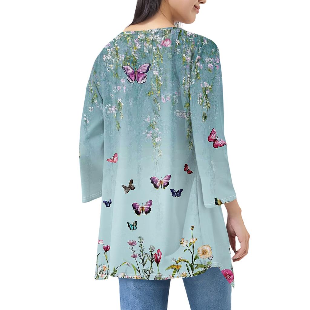 Damen-Cardigan mit unregelmäßigem Dreiviertelärmeln und Druck und Taschenjacke