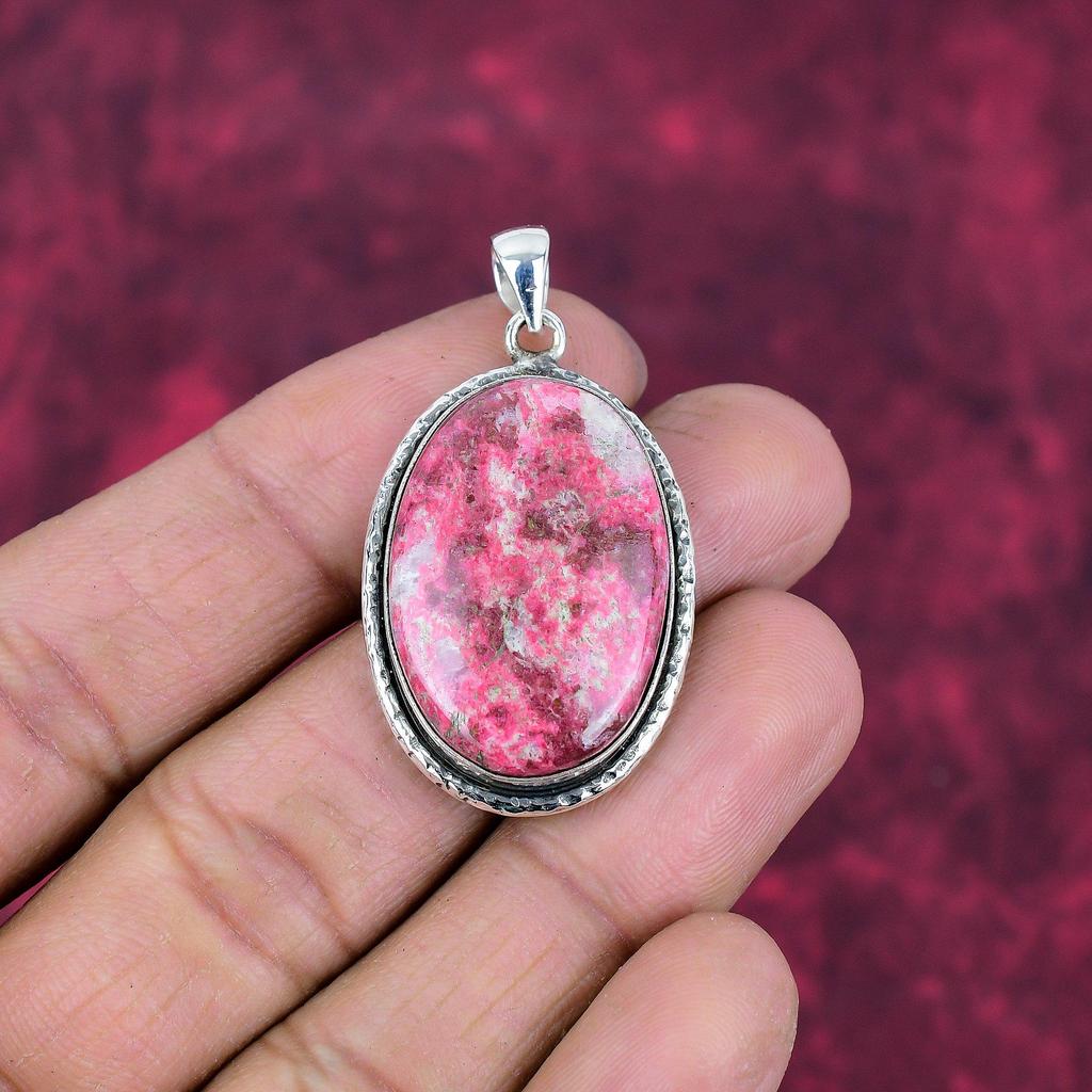 Rosa Thulit Ädelstenshänge 925 Sterlingsilver Smycken, Handgjorda Antika Hängsmyckessmycken, Gåva Till Mor