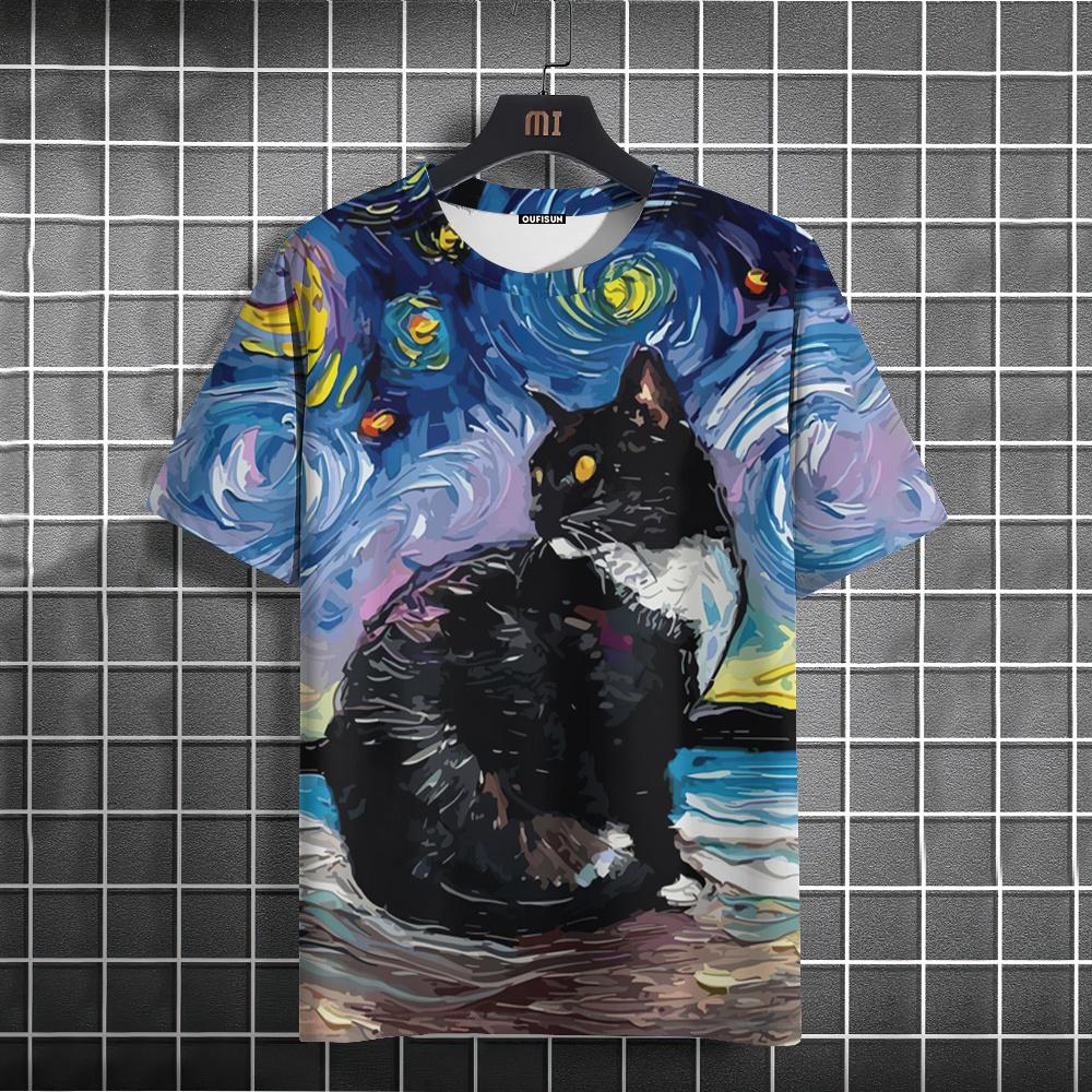 Oil Painting Cat Pattern T-shirt Short-sleeved Top