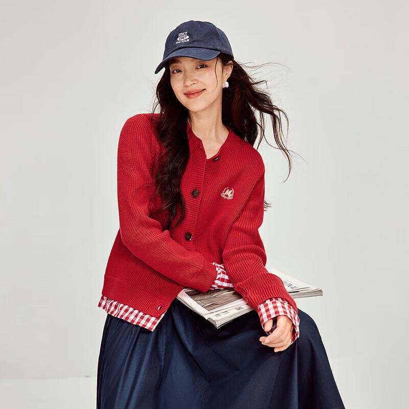 

INMAN Women s Faux Two-Piece Plaid Embroidered Red Sweater XL