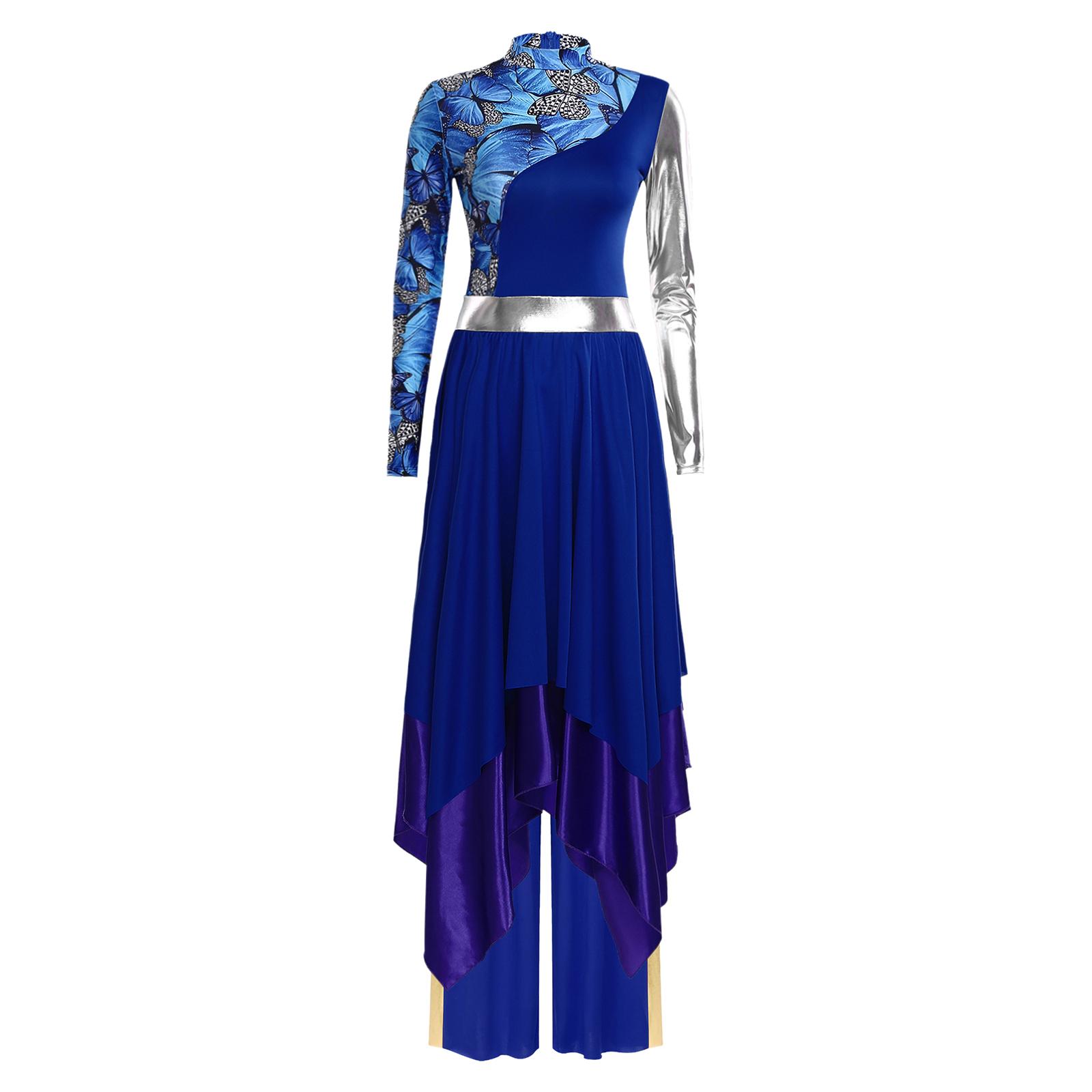 

Womens Printed Dress Wide Leg Pants Set Irregular Hem Long Sleeve Metallic Patchwork Praise Dance Choir Wear S синій