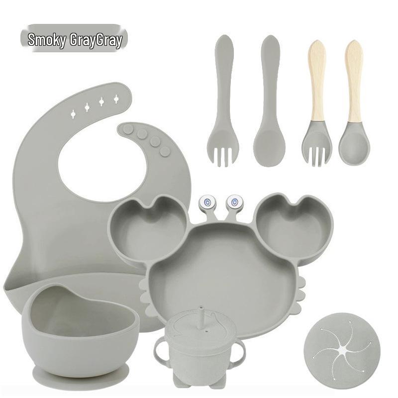Crab 9-Piece Tableware Set: Silicone Bib, Baby Food Bowl, Fork, Spoon, Compartmentalized Meal Plate - Food Grade