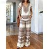 Travel essentials printed two-piece set, vintage elegance V-neck top, loose hierarchy wide-leg pants, vacation style