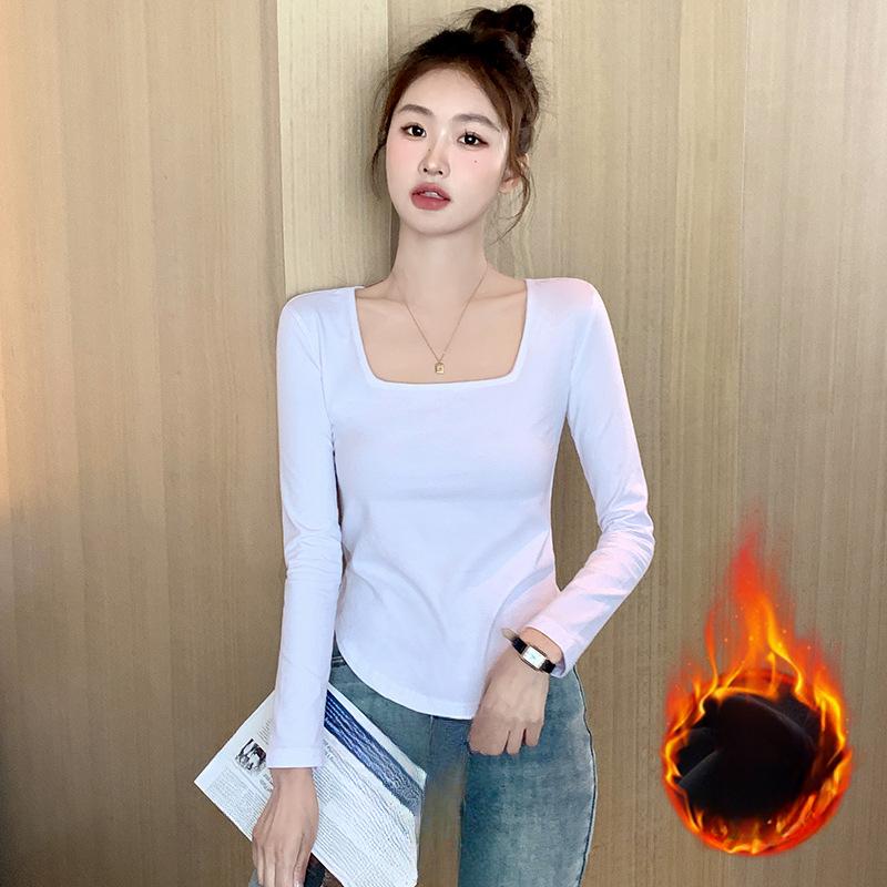 

Осень и Зима Новая Утолщенная Рубашка с Квадратным Вырезом и Неровным Подолом, Наплечная, Базовая, Термо-Топ S белый