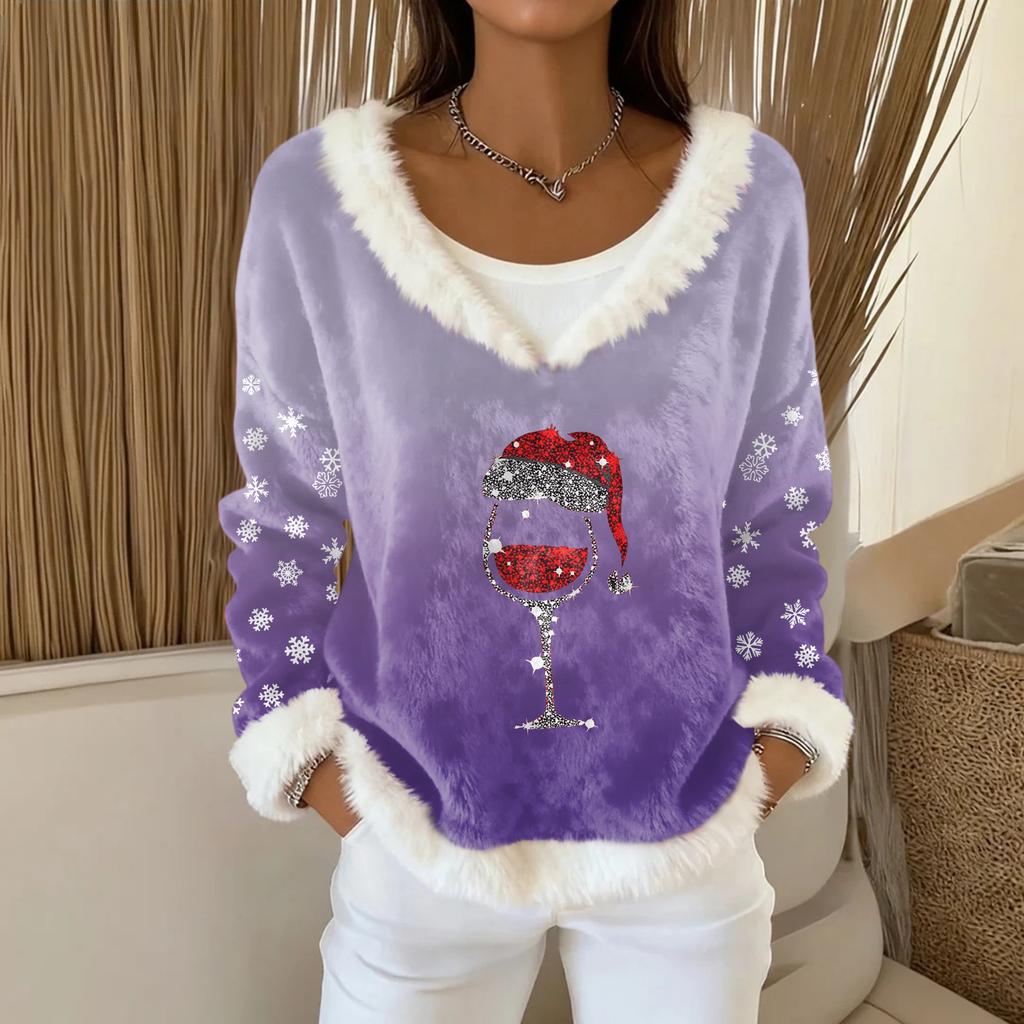 Dame Mote Plysj V-hals Pullover Topp Langermet T-skjorte Juletrykket Genser