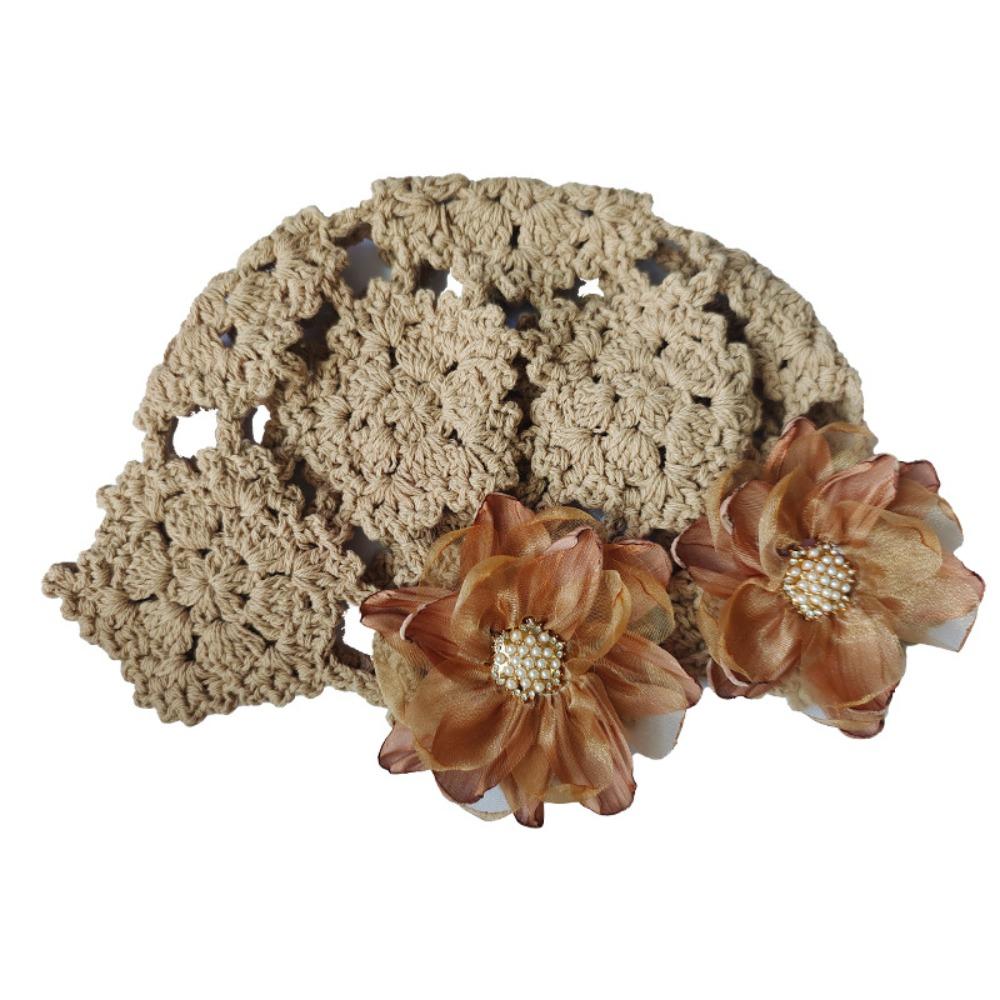Floral Hollowed Out Knitted Hat Pearl Bohemian Style Beanies Crochet Flower Hat  Spring Summer хаки