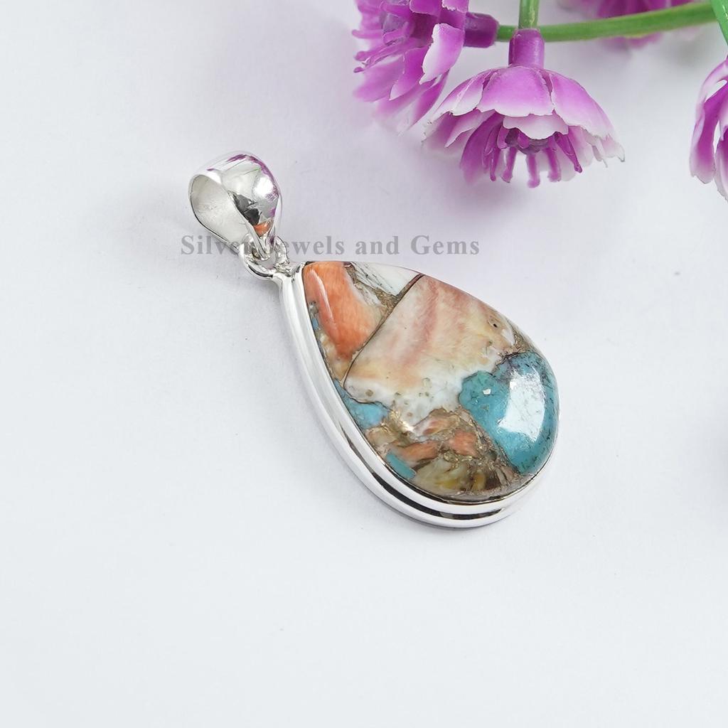 Oyster Copper Turquoise Pendant: Teardrop 925 Sterling Silver Necklace