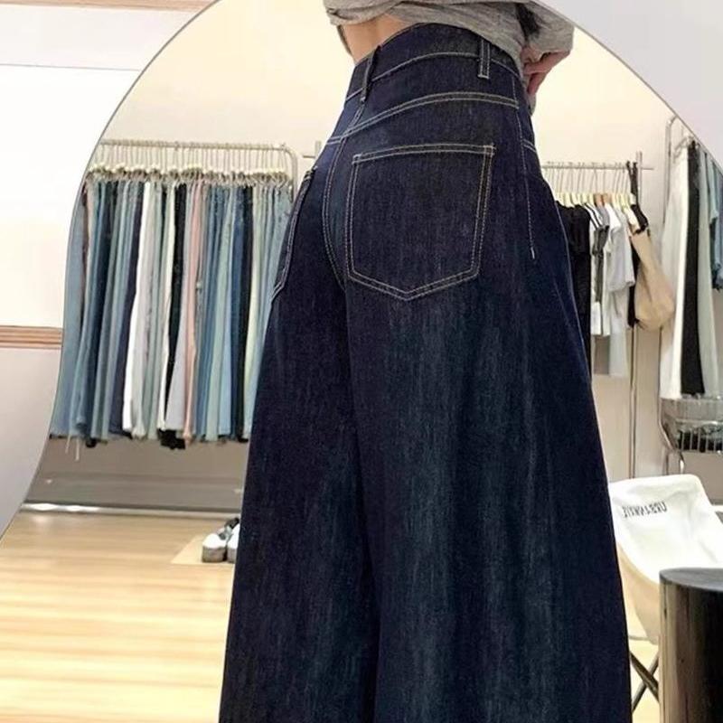 Stretchy Deep Blue Wide-Leg Jeans for Women Spring/Summer High-Waist Plus Size Loose Straight-Leg Slim-Fit Trousers