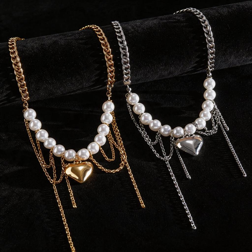 Heart-Shaped Pearl Tassel Retro Multi-Layer Clavicle Necklace