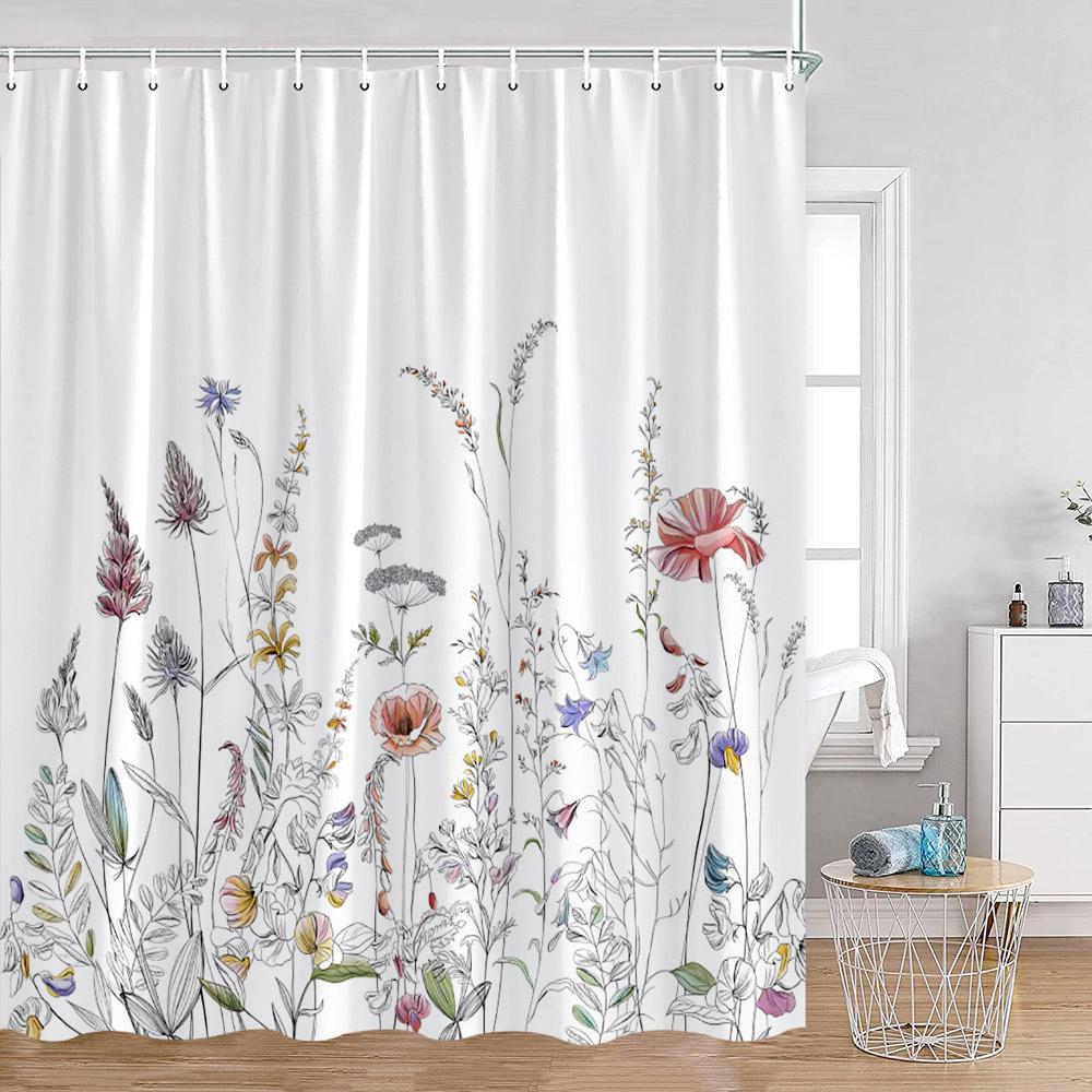 Floral Shower Curtain Colorful Flowers Birds Butterfly Botanical Green Leaves Bathroom Curtains Modern Bathtub Decor with Hooks
