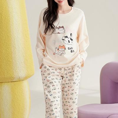 Cute Cat Pajamas Set Women Autumn Winter Long Sleeves Long Pants Sleepwear Soft Pijamas Cozy Pyjamas Kawaii Nightshirt Girls