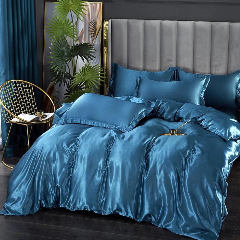 Zijden Beddengoedset met Dekbedovertrek Hoeslaken Kussensloop Luxe Satijnen Hoeslaken Effen Kleur Dubbel Eenpersoons King Queen Vol Twin Maat King Size 4pcs