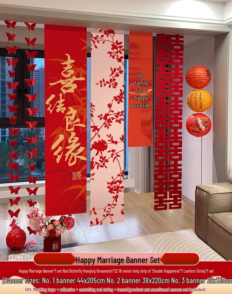 Double Happiness Wedding Room Cloth Banner Set for Ceremony and Hotel Décor