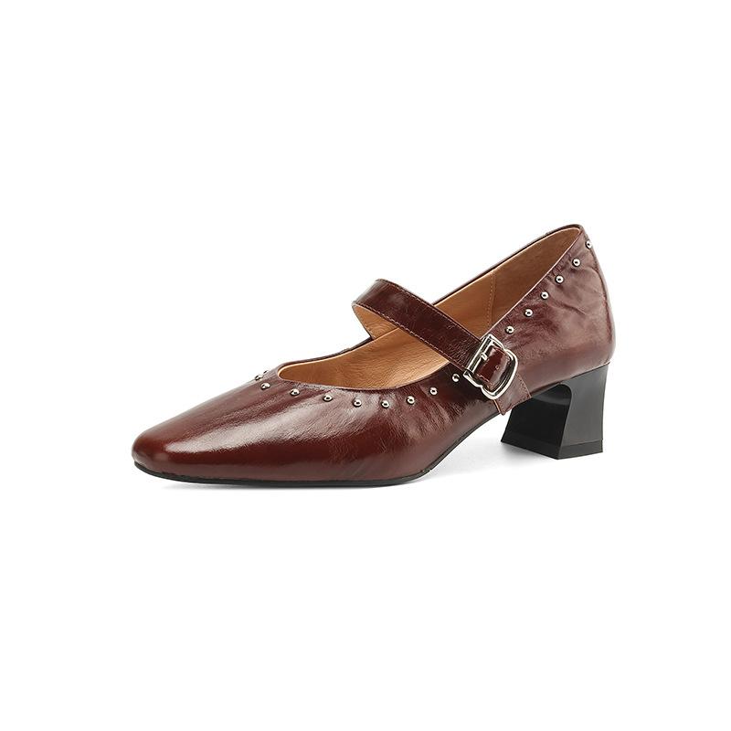 

Туфли из коровьей кожи весна-осень 2025 года на среднем каблуке с неглубокими заклепками в стиле ретро Туфли Мэри Джейн из натуральной кожи для женщин внутри и снаружи 39
