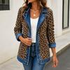Women's Casual Real Denim Jacket with Leopard Print Patchwork Design for Daily Wear