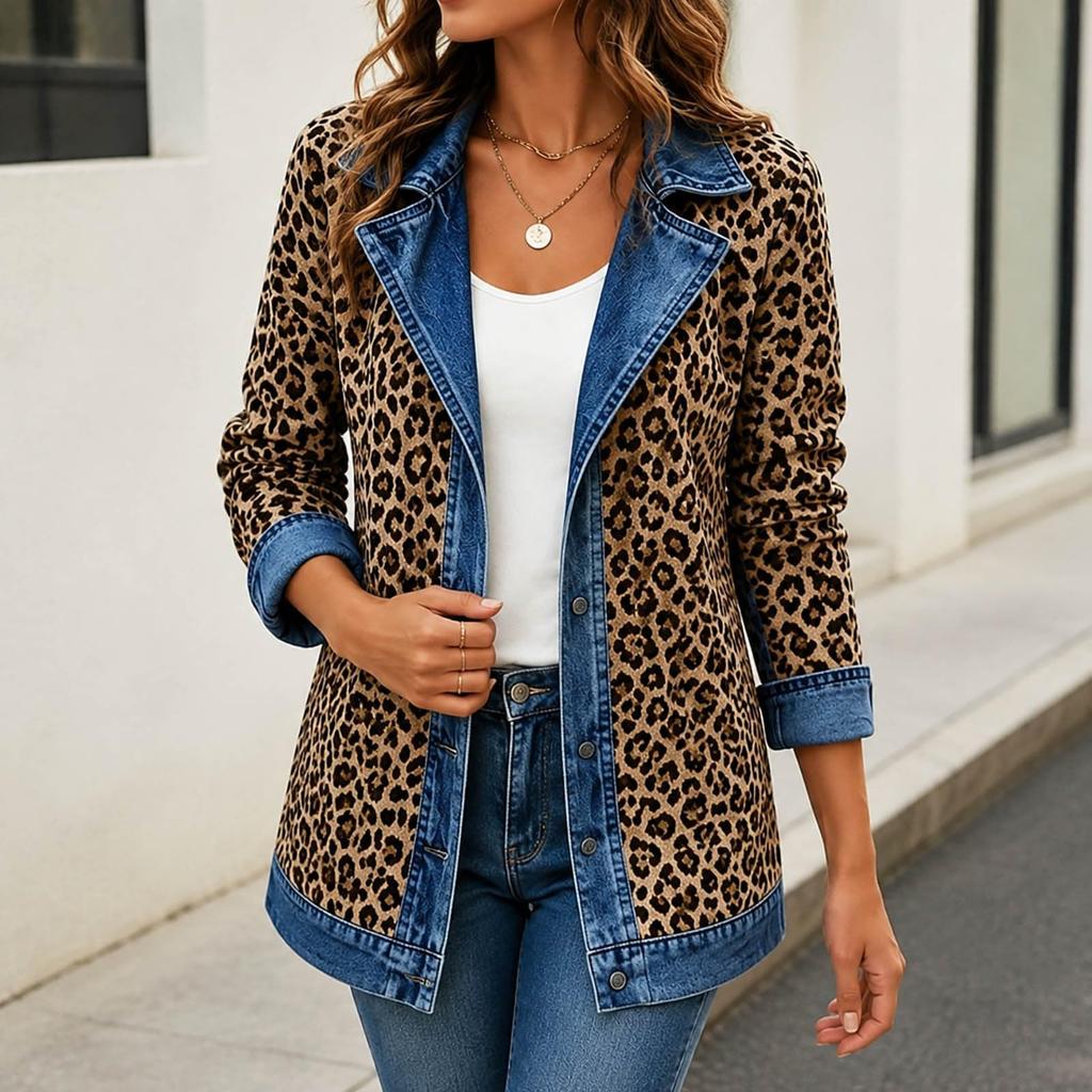 Women's Casual Real Denim Jacket with Leopard Print Patchwork Design for Daily Wear