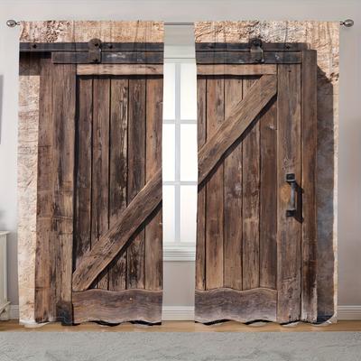2 Pieces of Retro Wooden Door Frame Printed Curtains, Pole Bag Curtains 42*84, Home Decoration, Room Decoration
