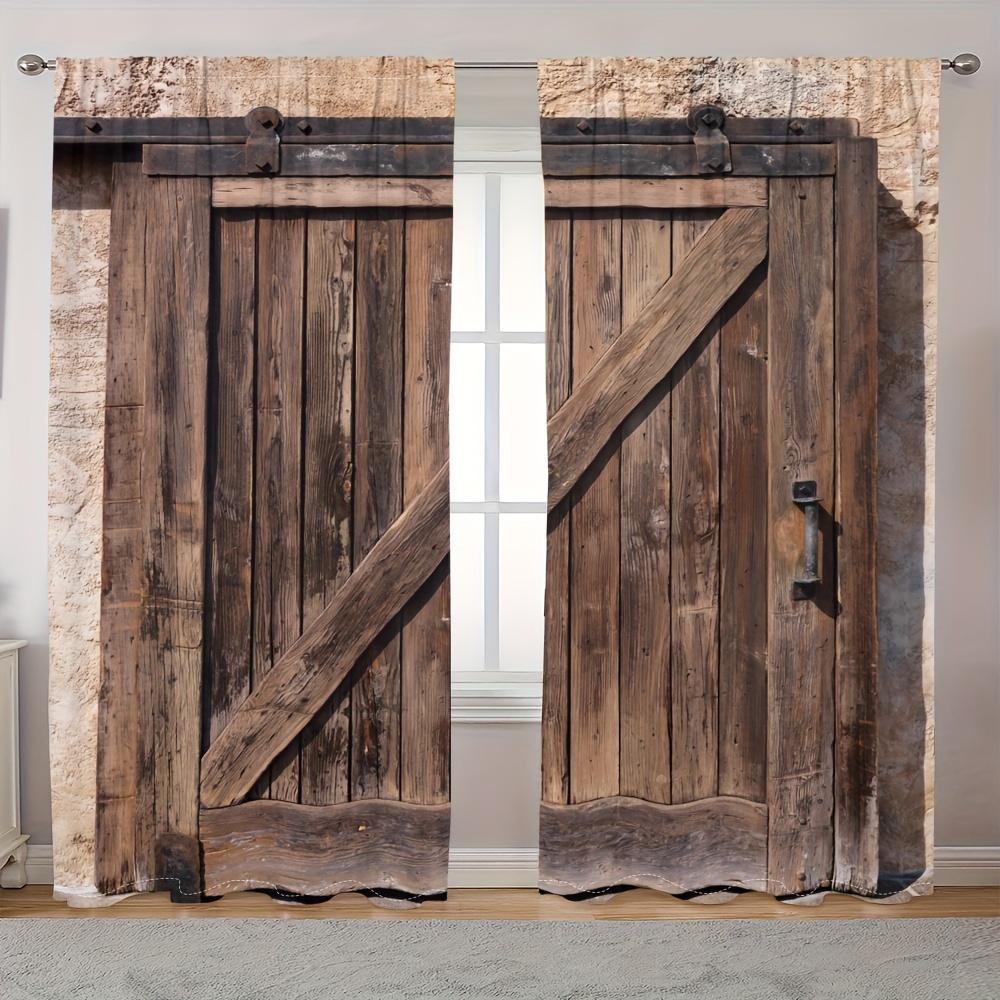 2 pieces of Retro wooden door frame printed curtains, pole bag curtains 42*84, home decoration, room decoration