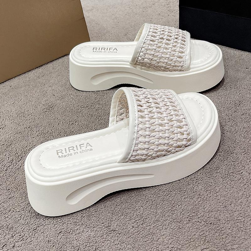 Fashion Platform Platform Slippers Women's Fashion Round Toe Open Toe Woven Strap Anti-slip Wear-resistant Kitten Heel Shoes