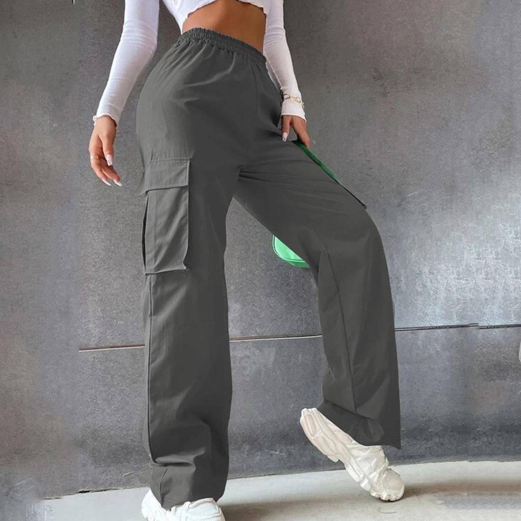 2024 Elastic Waist Women's Cargo Pants - Solid Color, Spring/Summer Fashion, Flap Pockets, In Stock