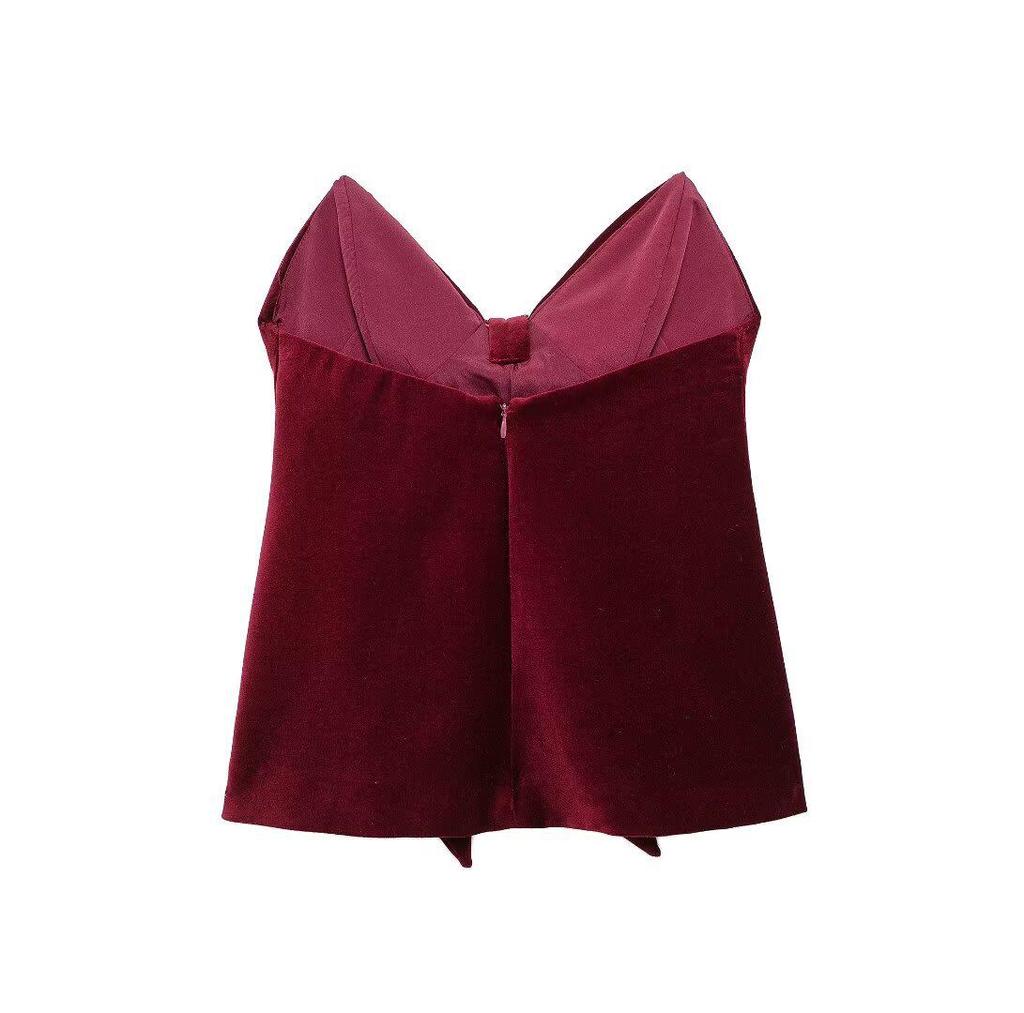 2024 Burgundy Velvet Sleeveless Top with Bow - European and American Winter Fashion Women's Clothing