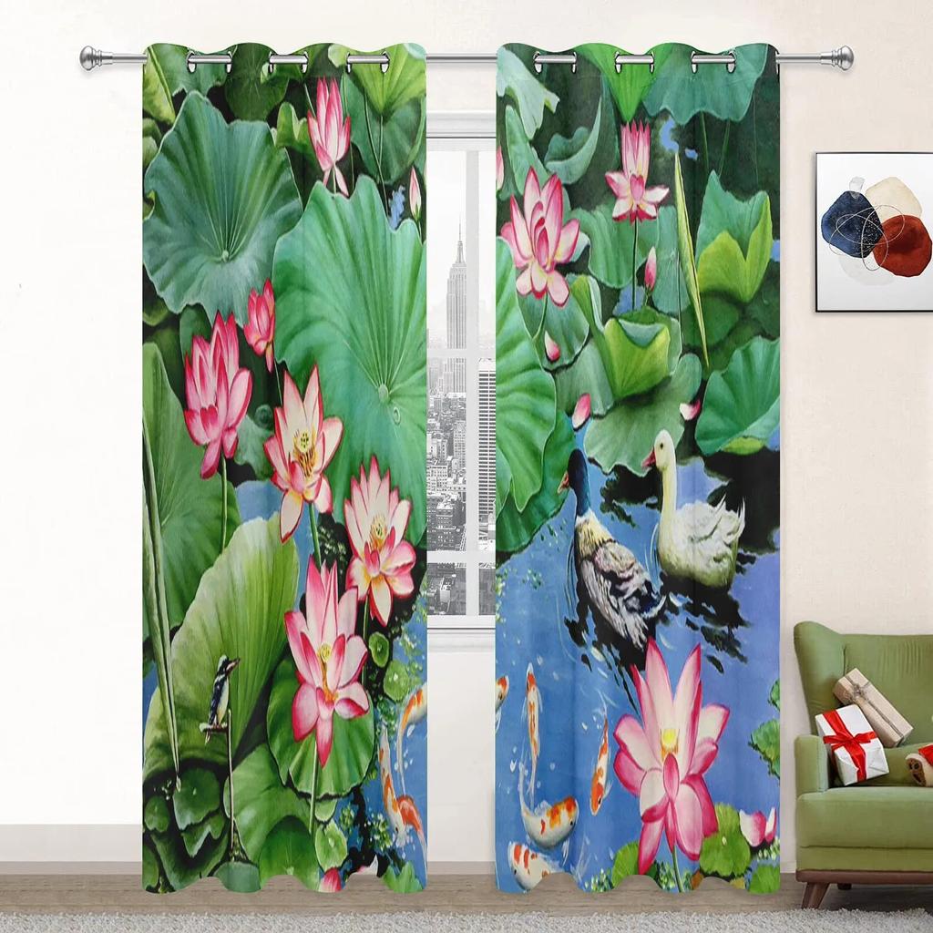 Lotus Curtains for Living Room Landscpe Thick Window Curtain for The Bedroom Aesthetic Room Decor Scenery High Shading Curtain