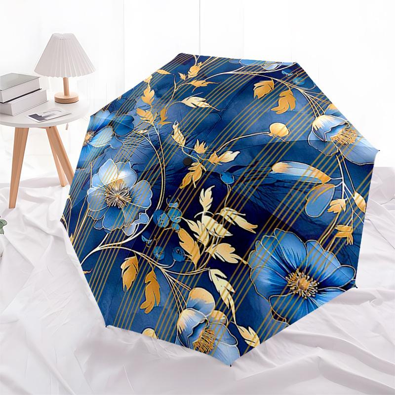 

1pc Blue Floral Pattern with Gold Accents Umbrella with Plastic Handle,Compact & Stylish,Suitable for All Seasons ptys26091