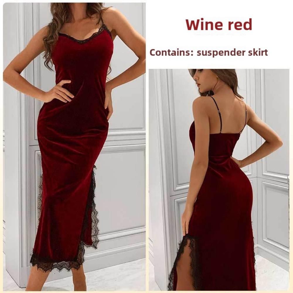 

Sexy Deep V Pajamas Women s Long Suspender Nightgown Velvet Lace Seduction Backless Loungewear L бордовий