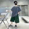 Kids Striped Summer Suit for Boy with Shorts 2 Piece Cotton Clothing Set Children Top and Bottom Clothes Set Tracksuit Age 5-14Y