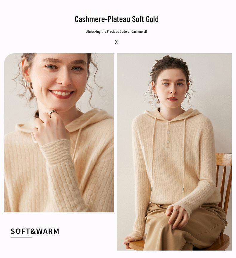 2025 Women's Thickened Cashmere Cable Knit Hoodie - Age-Reducing Loose Fit Pullover Sweatshirt