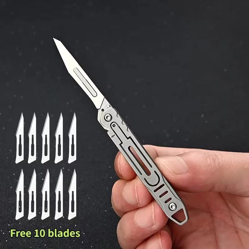 Multi Style New Mini Titanium Alloy Folding Surgical Knife for Outdoor Camping, Portable EDC Knife with 10 Free Blades