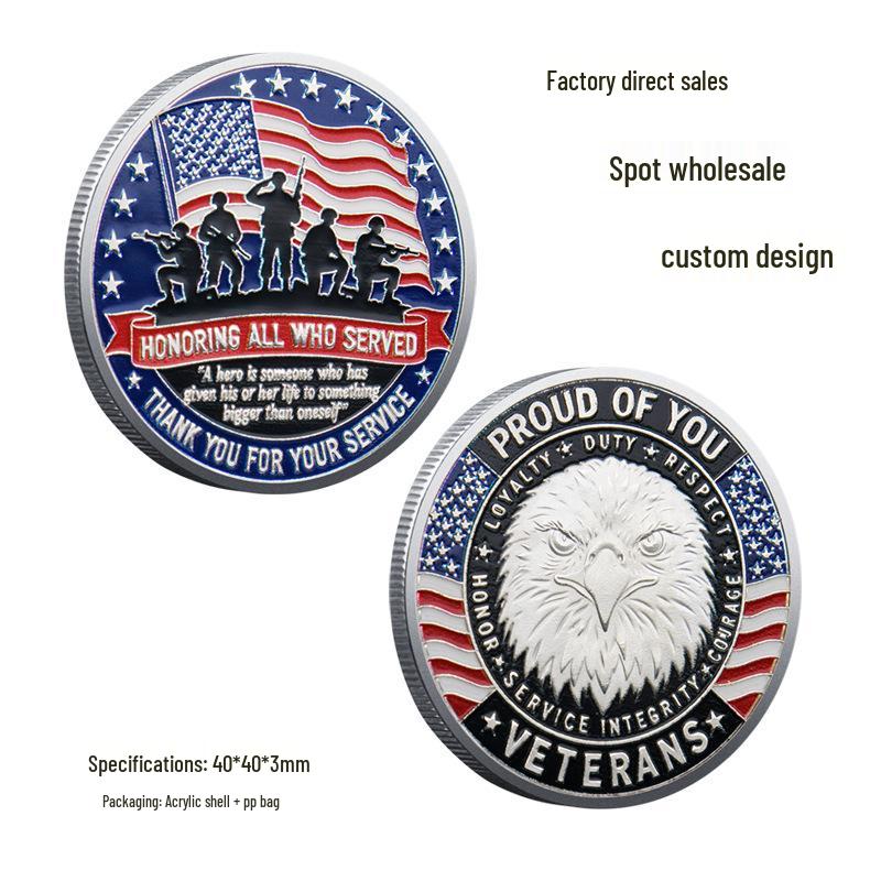 Veteran Tribute Eagle Coin: Color-Printed Metal Badge 40x40x3mm серебряный