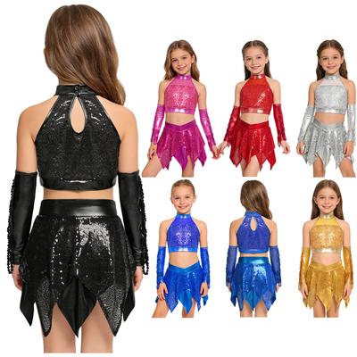 Jazz Dance Set for Girls: Keyhole Back Sequin Crop Top, Metallic Skirt & Sequined Tassel Gloves for Stage