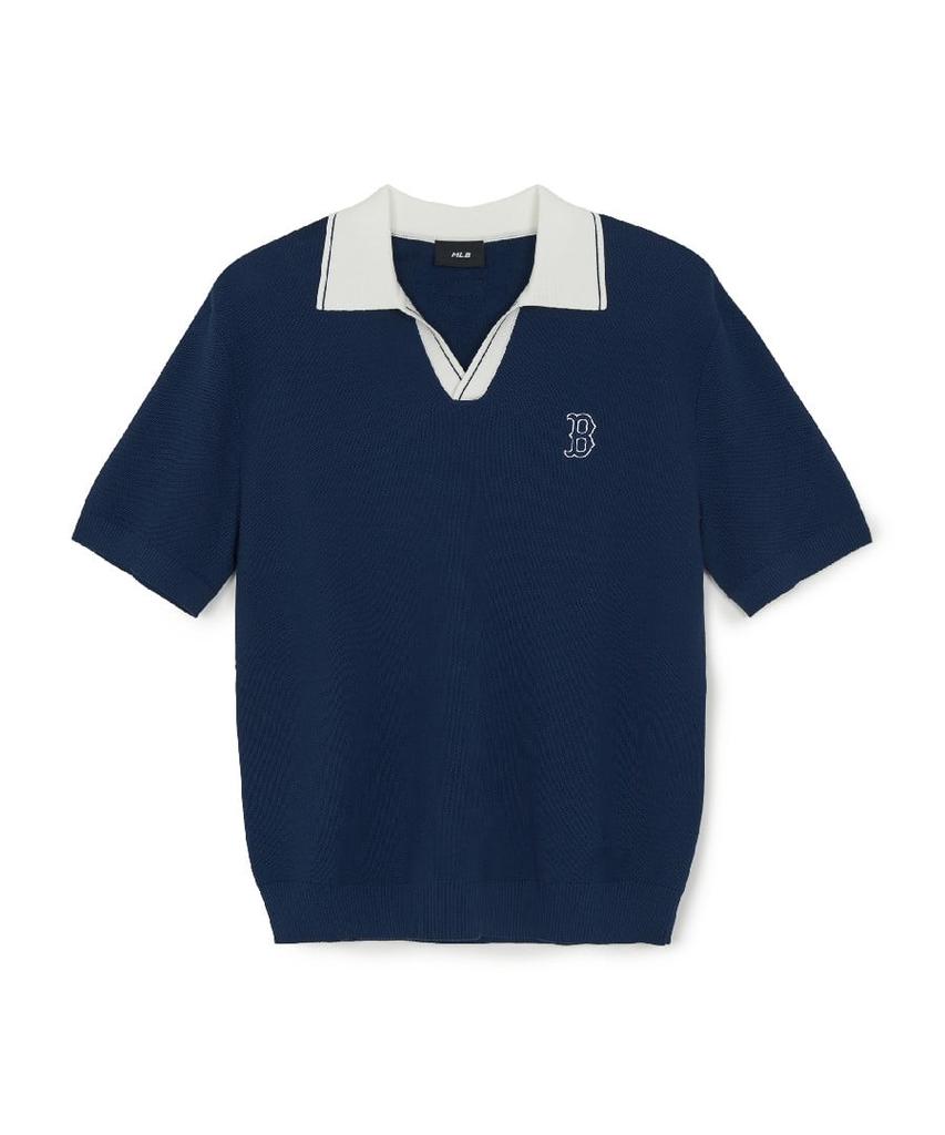 Emelbi Varsity Tuck Texture Open Collar Short Sleeve Knit Bos (D.Navy)