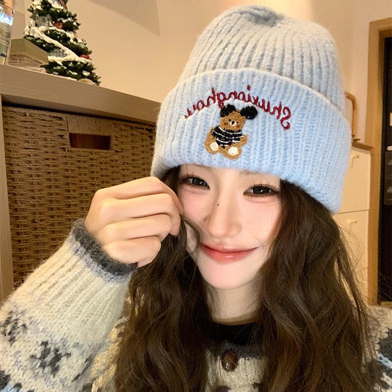 Cute Bear Blue Knitted Hat for Women In Autumn and Winter To Keep Warm and Versatile Ear Protection Woolen Hat Showing Face Small Baotou Cold Hat