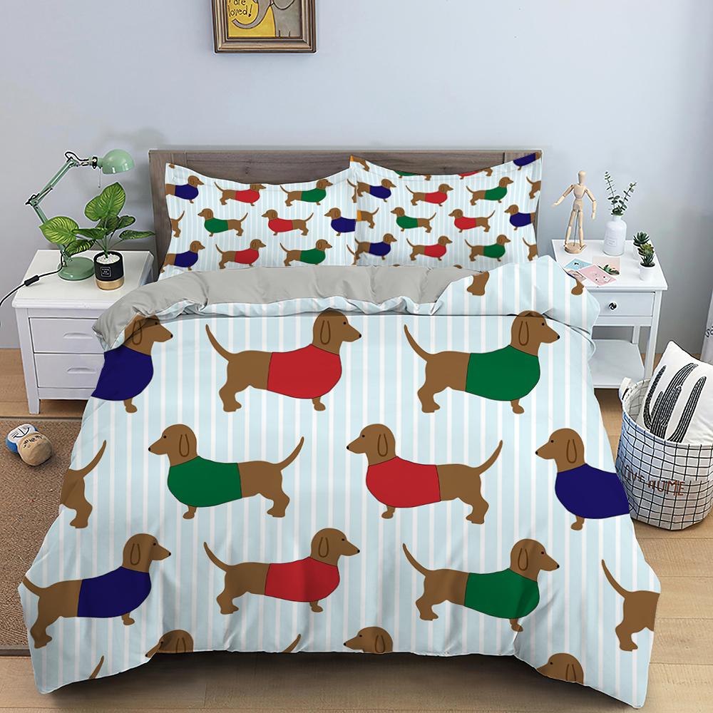 Cute Cartoon Dachshund King Queen Full Duvet Cover Pet Dog Bedding Set Lovely Animal Puppy Comforter Cover Polyester Quilt Cover